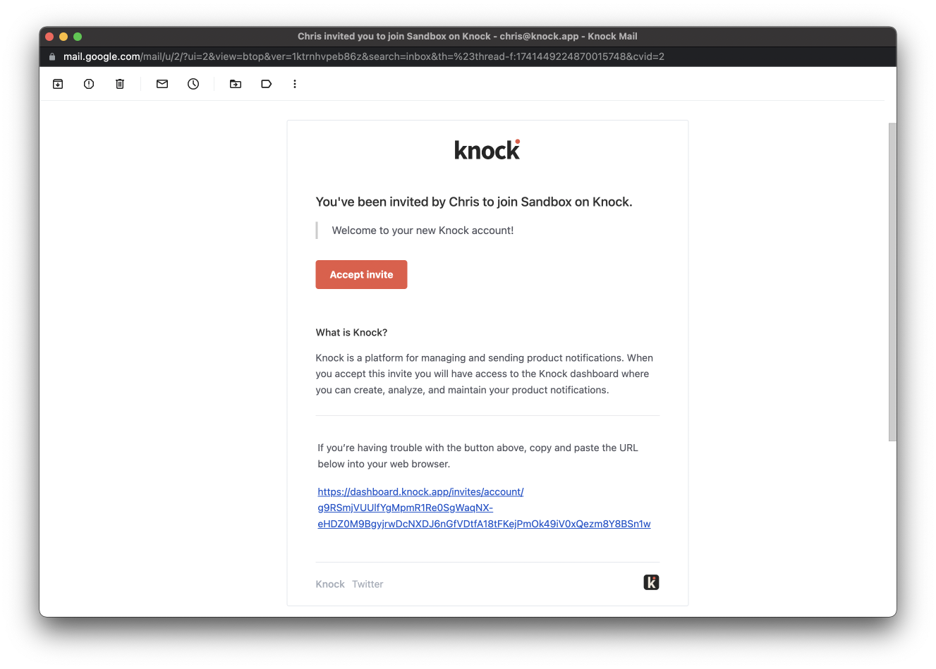 A Knock invite email