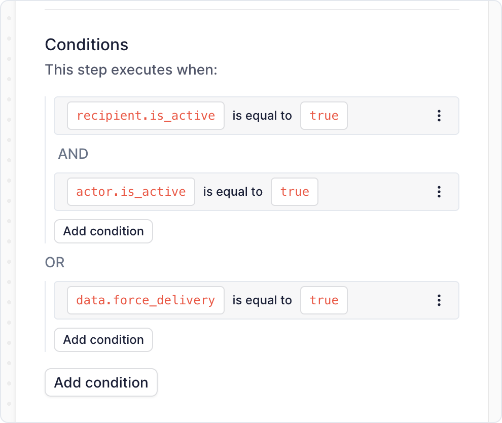 Managing condition groups in the conditions editor.