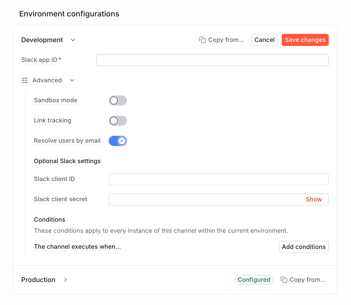 Slack environment settings with Resolve users by email turned on under Advanced