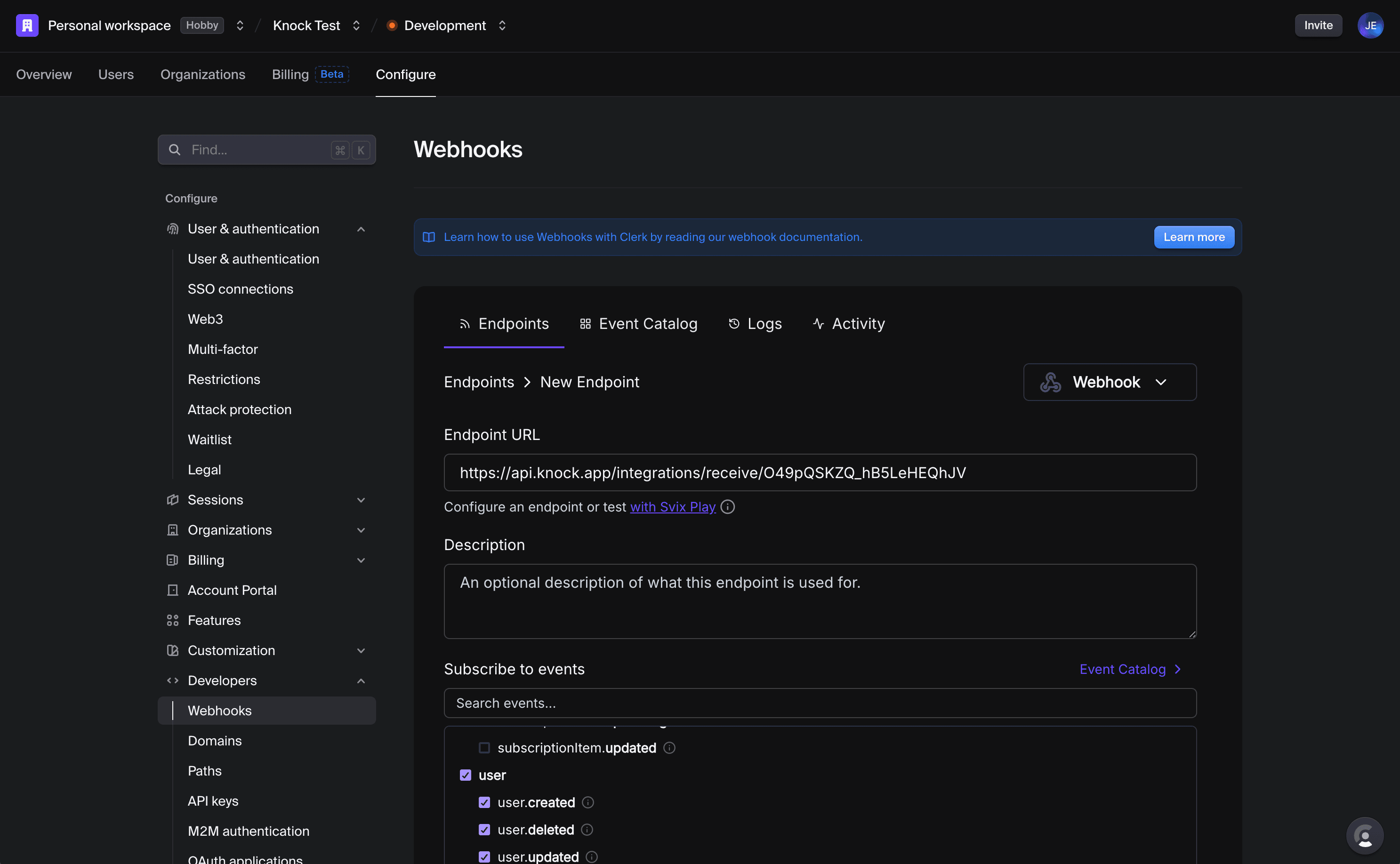 The Clerk dashboard Webhooks page with the Knock endpoint URL and event subscriptions