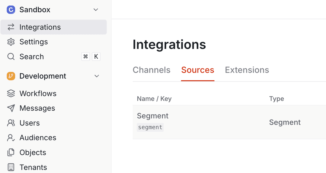 A screenshot of where to find the Integrations - Sources page for your account