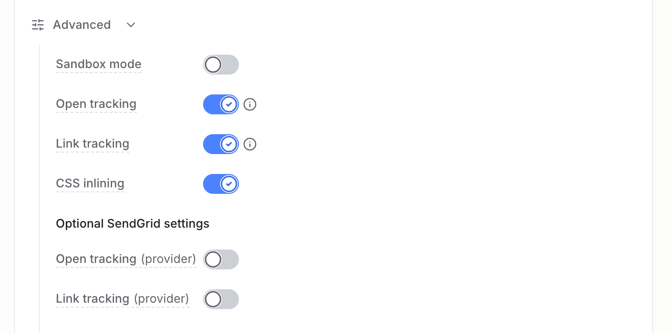 Open tracking and Link tracking toggles under Advanced for an email channel