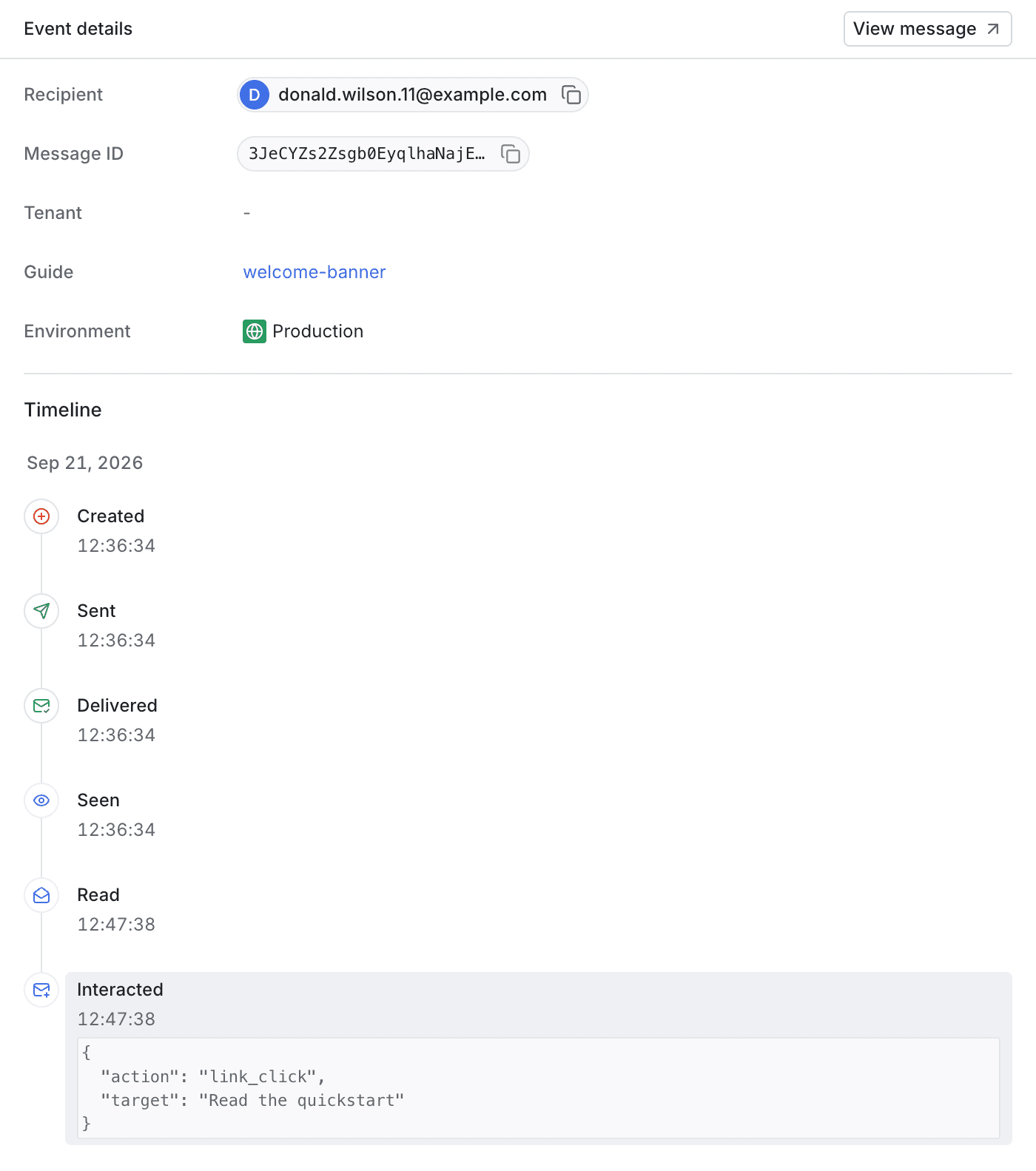 Event details panel with the recipient, message ID, tenant, guide, and environment, above a timeline that ends with an interacted event and its metadata