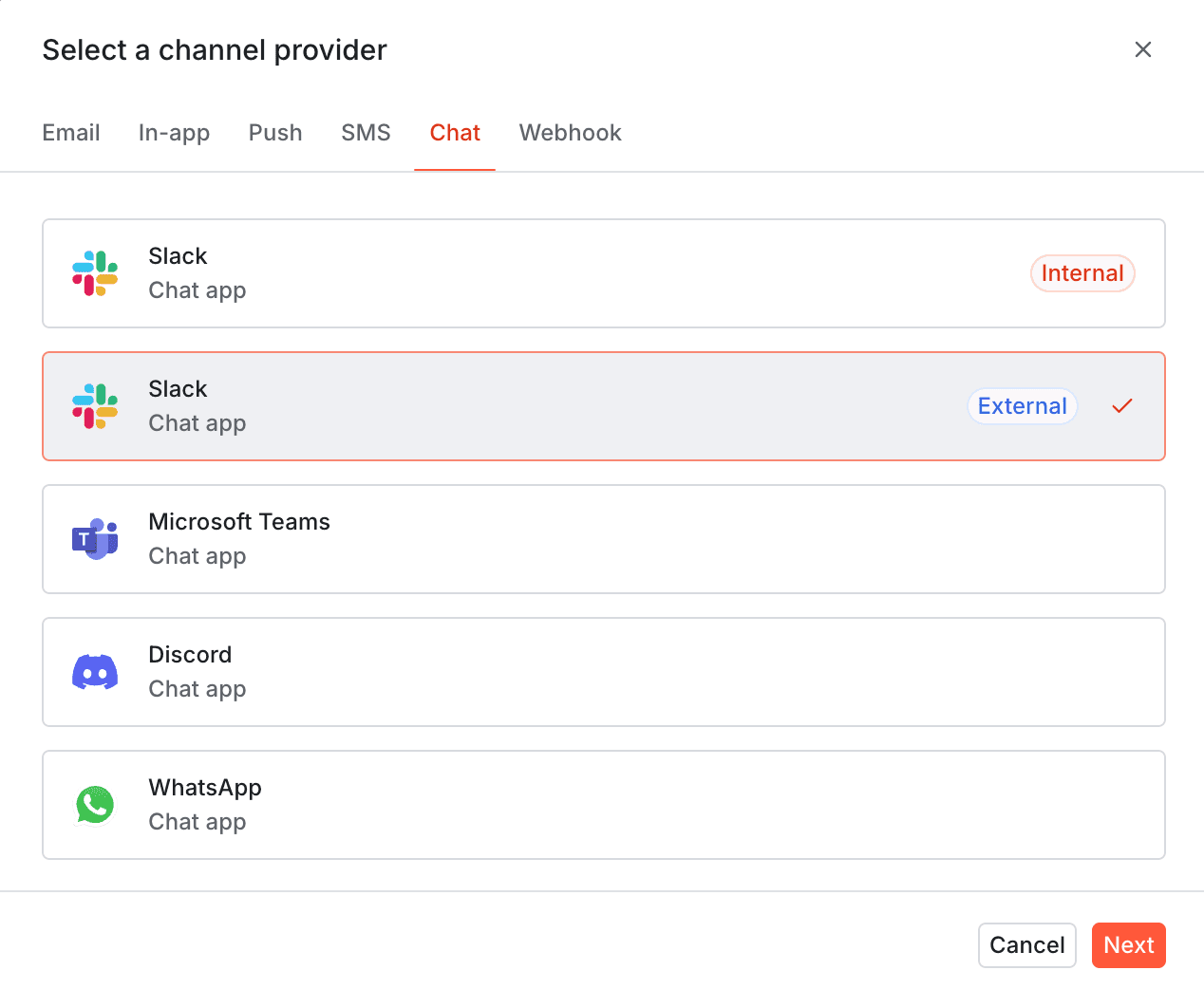 Select a channel provider modal with the Chat tab open and the External Slack option selected