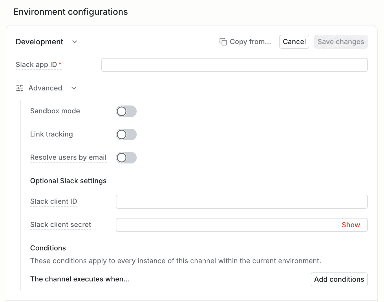 Slack environment settings with the Development environment expanded, showing the Slack app ID field and Advanced settings