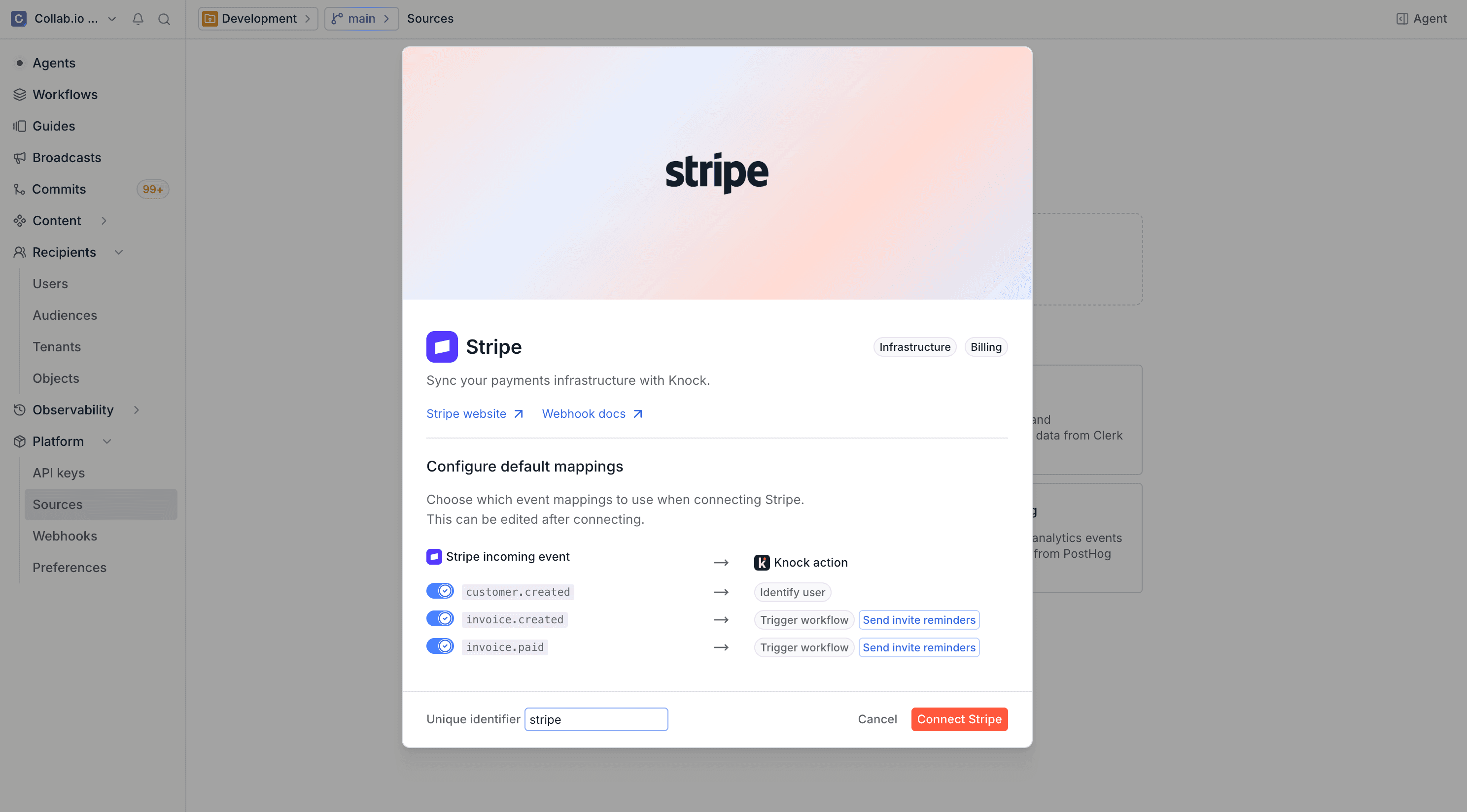The Stripe source creation modal showing default action mappings for incoming events