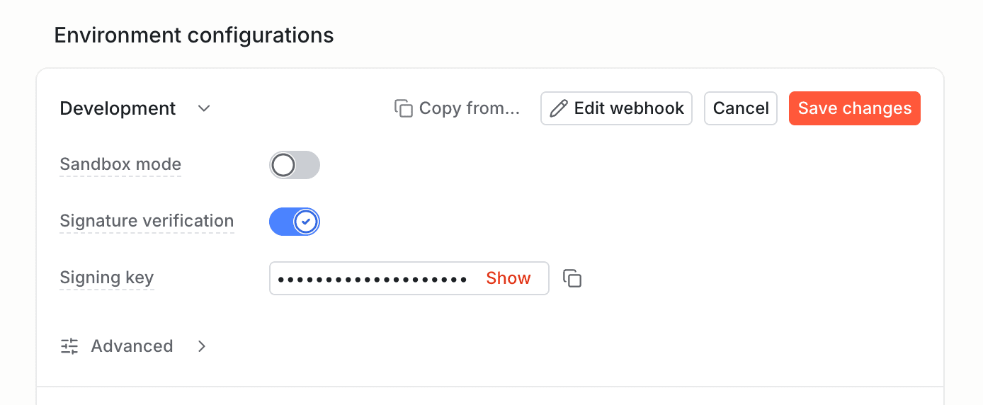 Webhook environment settings with Signature verification turned on and the signing key field shown
