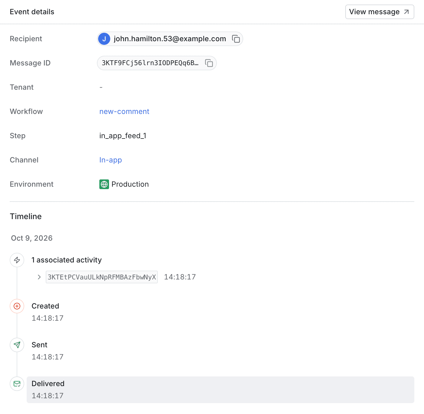Event details panel with the recipient, message ID, tenant, workflow, step, channel, and environment, above the message's timeline